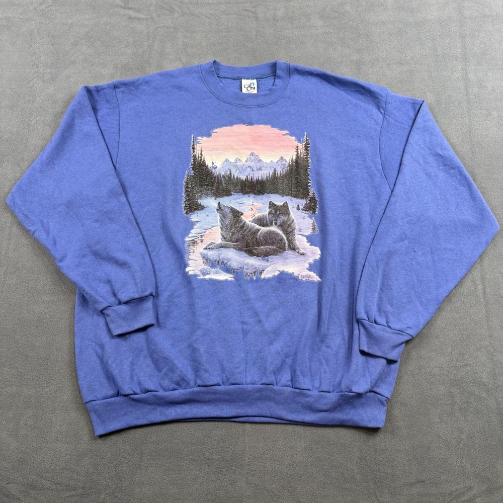 Vintage Cal Cru USA‑Made Crewneck XXL – Jeff Tift "Winter's Dawn" Wolves